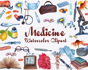 Medicine Watercolor Clipart, Watercolor Medical Clipart, Medical Illustration, Hospital Cliparts, Health Care, Science clipart