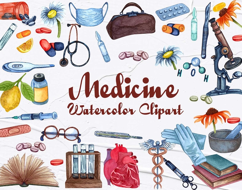 May include: Watercolor clipart set of medical illustrations, including a stethoscope, pills, a thermometer, a heart, a microscope, a syringe, a book, a first aid kit, a bottle of medicine, a pair of glasses, test tubes, and a pair of gloves. The text "Medicine Watercolor Clipart" is written in brown.