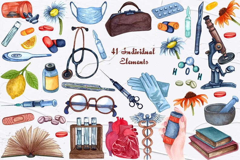 May include: A watercolor illustration of 41 individual medical and science elements. The illustration includes a stethoscope, a microscope, a mortar and pestle, a book, a thermometer, a syringe, a heart, a first aid kit, a pair of glasses, a bottle of pills, a face mask, a pair of gloves, a bandage, a test tube, a flower, and a chemical formula. The illustration is perfect for use in medical or science-related projects.