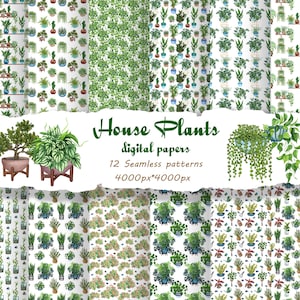 12 Aquarell Pflanzen nahtlose Muster. Hauspflanzen Digitales Papier. Papier pack, BlumenMuster Papier, Aquarell handgemaltes Papier.