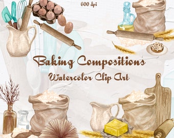 May include: Watercolor illustrations of baking ingredients and tools, including flour sacks, rolling pins, eggs, a pitcher, a wooden cutting board, and wheat stalks. The text "Baking Compositions Watercolor Clip Art" is written in brown text.