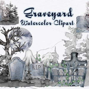 Kerkhof aquarel clipart. Grafsteen Clipart. Halloween aquarel clipart. Grafsteen Clipart. Begraafplaats Clipart. Grafstenen Halloween