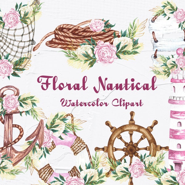 Nautical Watercolor clipart. Floral Nautical Clipart. Floral Lighthouse. Floral Anchor clipart. Marine clipart. Sea. Travel. Lantern. Beach