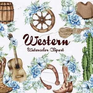 Clipart de aquarela ocidental. Botas de cowboy florais azuis. Clipart do país. Ferradura Floral. Clipart rústico. Oeste selvagem. Clipart de vaqueira de flor.