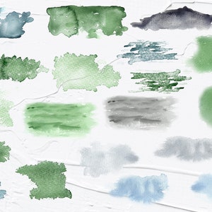 Peut inclure: Un ensemble de 18 coups de pinceau aquarelle dans des tons de vert, bleu et gris. Les coups de pinceau sont abstraits et organiques dans leur forme, cr&eacute;ant une vari&eacute;t&eacute; de textures et de motifs.