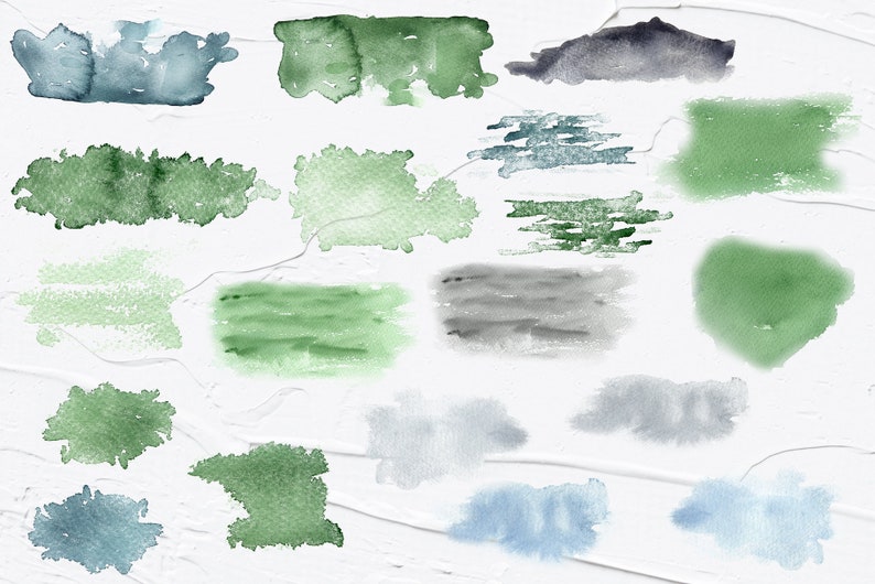 Peut inclure: Un ensemble de 18 coups de pinceau aquarelle dans des tons de vert, bleu et gris. Les coups de pinceau sont abstraits et organiques dans leur forme, cr&eacute;ant une vari&eacute;t&eacute; de textures et de motifs.