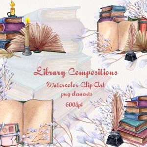 May include: Watercolour clip art showing stacks of books in blue, purple, and red, with open books, candles, inkwells, and feathers. The text "Library Compositions" is displayed in a decorative font.