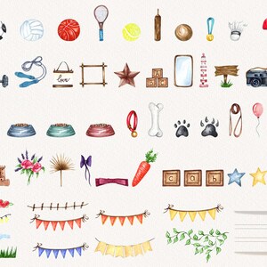 May include: A set of watercolour illustrations featuring various objects, including a football, tennis racket, dog bone, crown, and a variety of other items. The illustrations are painted in a whimsical style and are perfect for adding a touch of charm to any project.