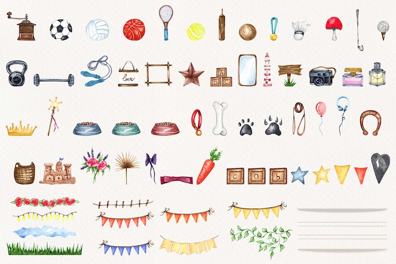 May include: A set of watercolour illustrations featuring various objects, including a football, tennis racket, dog bone, crown, and a variety of other items. The illustrations are painted in a whimsical style and are perfect for adding a touch of charm to any project.