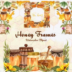 Honey Watercolor Clipart. Watercolor Honey Frames. Bees Clipart. Farmhouse Clipart. Bee Honey  Watercolor Wreath, Border. Farmer Cards