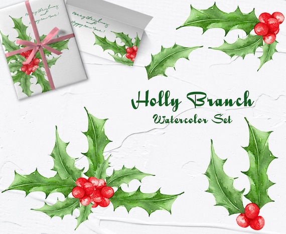 Stechpalme Aquarell Clipart. Zweig der Zweige der Ilex. Aquarell  Weihnachts-Cliparts. Blumenset, Weihnachtszweig, Winterpflanze. PNG - Etsy  sterreich