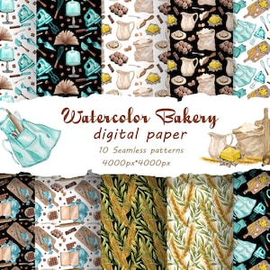 May include: Ten watercolor digital paper patterns featuring bakery-themed illustrations. The patterns include images of flour, wheat, aprons, rolling pins, and other baking supplies.