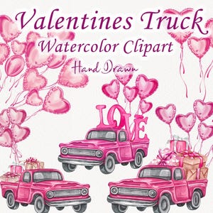 Clipart de caminhão do Dia dos Namorados. Balões Valentin Caminhão Png. Retro Valentine Png. Pacote de Sublimação de Caminhão Rosa Amor. Desenhado à Mão. PNG