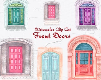 Front Door Watercolor clipart. New Home illustrations. Front Door Illustration. Home Portrait. Pink door. PNG 600dpi