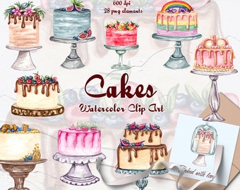 Cake Watercolor Clipart. Sweets Clipart. Wedding cake clipart. Fruit cake. Birthday cake clipart. Cake Logo Design. Bakery clipart. PNG