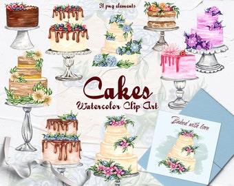 Cake Watercolor Clipart. Sweets Clipart. Wedding cake clipart. Fruit cake. Birthday cake clipart. Cake Logo Design. Bakery clipart. PNG