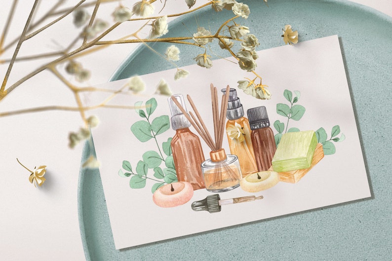 May include: A watercolor illustration of a collection of essential oil bottles, candles, and a diffuser with sticks. The bottles are brown and clear glass with gold lids. The candles are white and peach. The diffuser is clear glass with a gold lid and brown sticks. The illustration is surrounded by green eucalyptus leaves.