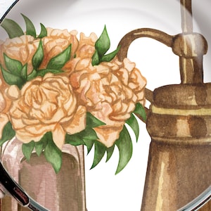 May include: A watercolour illustration of a bouquet of peach-coloured peonies in a glass vase, next to a vintage brass watering can.