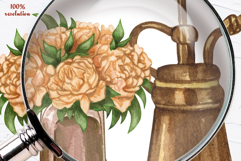 May include: A watercolour illustration of a bouquet of peach-coloured peonies in a glass vase, next to a vintage brass watering can.