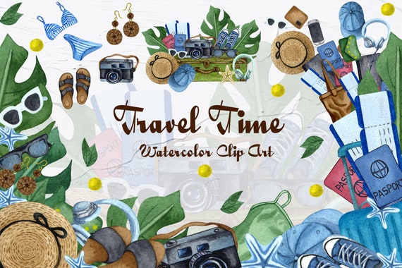 Travel Watercolor Clipart. Summer Holiday Vacation Clipart | Etsy