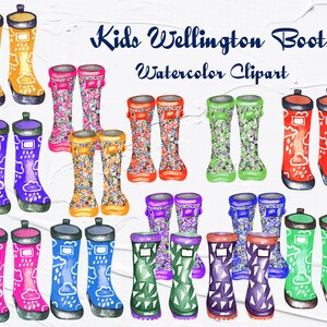 Kinder Wellington Boot Clipart. Regenstiefel Clipart. Aquarell Boots Clip Art. Regenschirme, Gummistiefel Clipart. Familien Wellies Clipart. (RP)