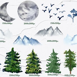 Peut inclure: Illustrations &agrave; l'aquarelle de montagnes, d'arbres et d'oiseaux. Les illustrations sont dans des tons de bleu et de vert, et sont peintes sur un fond blanc.