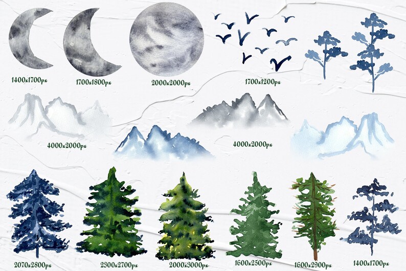 Peut inclure: Illustrations &agrave; l'aquarelle de montagnes, d'arbres et d'oiseaux. Les illustrations sont dans des tons de bleu et de vert, et sont peintes sur un fond blanc.