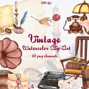Oggetti d'epoca. Clipart acquerello vintage, clipart retrò, illustrazione romantica, vecchi libri, inchiostro, piuma. PNG