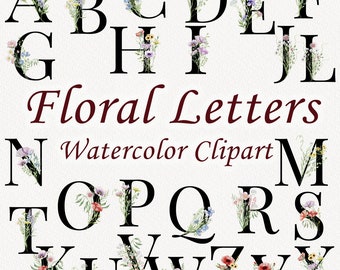 Könnte beinhalten: Aquarell-Clipart des Alphabets mit floralen Verzierungen. Jeder Buchstabe ist von einer Vielzahl von Blumen und Grün umgeben.