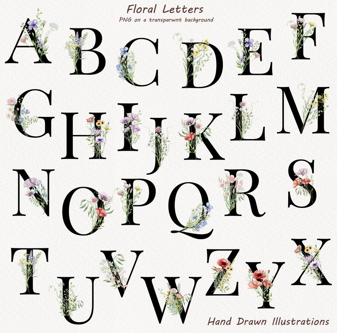 Wild Sytle Letter R Wild Floral Alphabet Clipart. Wild Flowers Numbers Watercolor Spring ...