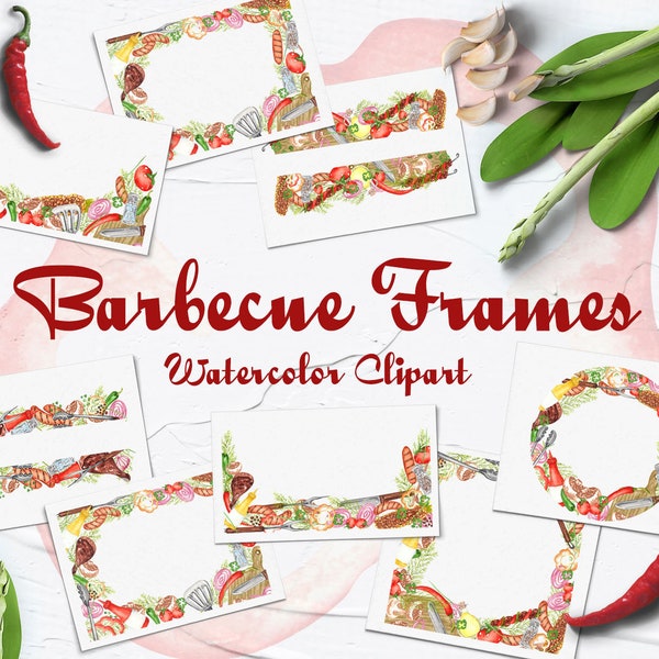 BBQ Watercolor Clipart. Watercolor Barbecue frames. Summer Picnic Clipart. Cooking wreath. Burger, hotdog, Food clipart PNG BBQ