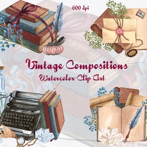 Libri d&#39;epoca Clipart. Clipart di libri ad acquerello, collezione di scrittori, biblioteca vintage, clipart di libri, clipart di lettura, inchiostro, piuma. PNG (OB)