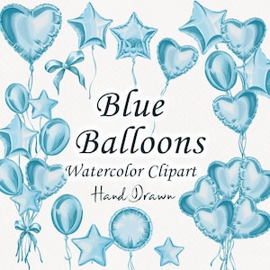 Aquarell Luftballons Clipart. Blauer Ballon PNG. Babyparty. Jungen-Geburtstags-Party Clipart. Heliumballons. Feier. Handgezeichnet.
