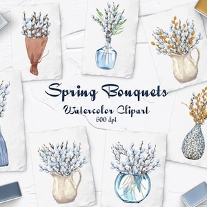 Bouquets printaniers clipart. Aquarelle Spring Bouquet clipart. Pussy Willow, Bouquet dans des pots de vase clip art. Pays Bouquet de Pâques. PNG 600dpi