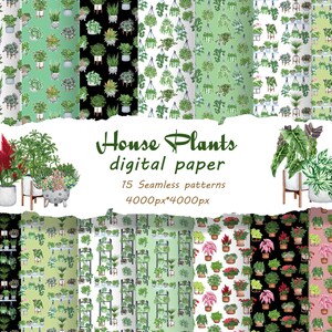 Plantas Patrones sin costuras. Plantas de Interior Papel Digital. Paquete de papel, papel de patrón floral, papel pintado a mano de acuarela.