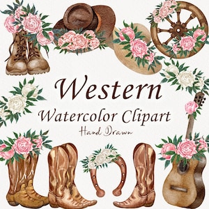 Western Aquarell Clipart. Cowboy Boots Clipart. Land Clipart. Blumen Stiefel, Hufeisen. Rustikale Clipart. Wilder Westen. Cowgirl Clipart