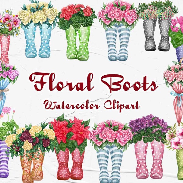 Bottes avec des fleurs. Bottes florales Clipart. Wellies aux fleurs. Wellington Boots Clipart. Bottes de pluie. Clipart aquarelle parapluie.