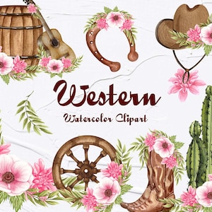 Clipart de aquarela ocidental. Clipart de botas de cowboy. Clipart do país. Ferradura Floral. Clipart rústico. Oeste selvagem. Vaqueira Clipart