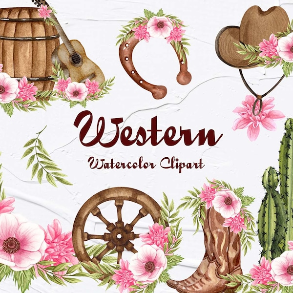 Western Watercolour Clipart. Cowboy Boots clipart. Country Clipart. Floral Horseshoe. Rustic Clipart. Wild West. Cowgirl Clipart