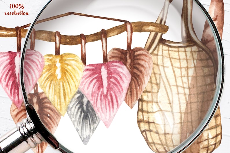 May include: A watercolour illustration of a wooden branch with five hanging leaves. The leaves are in shades of pink, yellow, brown, and grey. The branch is hanging from a woven basket.