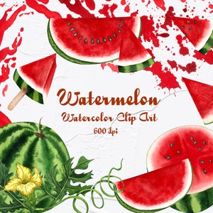 Wassermelone Aquarell Clipart. Sommer Obst Clipart, Wassermelonenscheibe Illustration. Tropisches Essen Set zum direkten Download. Png