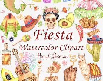 Watercolor Mexico Clipart. Cinco de Mayo clipart bundle. Fiesta clip art. Cinco De Mayo. Tacos, Sombrero. Mexican. Cactus. Hand drawn.