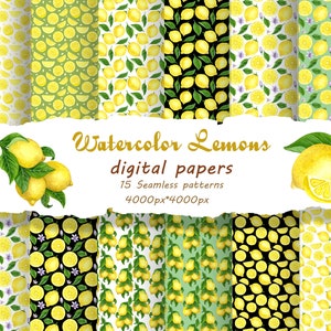 Papier numérique citron. Citrons Clipart. citron Seamless Patterts, Illustration de fruits de citron, Pack de papier aquarelle citron