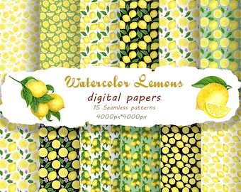 Lemon Digital Paper. Lemons Clipart. lemon Seamless Patterts, Lemon fruit illustration, Lemon Watercolor Paper Pack