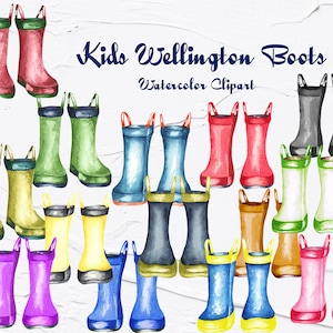Kids Wellington Boot clipart. Rain boots clipart. Watercolor Boots clip art. Umbrellas, Rubber Boots Clipart. Family Wellies Clipart. (FP)