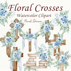 Hölzernes Kreuz Clipart. Blaues Blumenkreuz Clipart. Aquarell Blumen Kreuze Clipart. Taufkreuz. Ostersymbol. Aquarell Kreuz Clipart