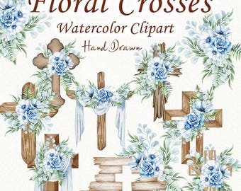 May include: Watercolor clipart of wooden crosses decorated with blue and white flowers. The crosses are hand-drawn and perfect for adding a touch of rustic charm to your projects.