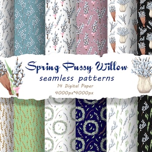 Pussy willow Digital Paper. Aquarelle de saule Motifs sans couture. Papier d’emballage de printemps. Fond de brindille de saule. Motifs de brindilles florales.