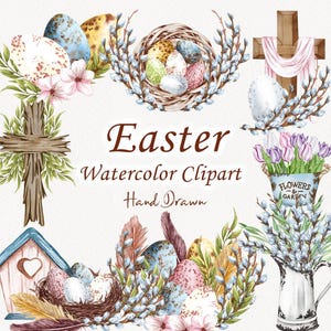 Ostern Aquarell Clipart. Bauernhof Ostern. Frühlings Dekor. Aquarell Osterhase. Frühlingskorb. Osterkreuz PNG