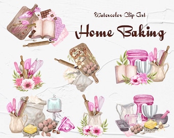 Baking Watercolor Clipart. Baking supplies illustration. Watercolor Bakery clipart, Cooking, Kitchen Utensils for instant download. PNG BC